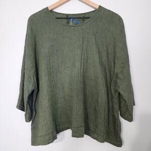 Yuvita Green Linen Top Boxy Drapey Flowy 3/4 Sleeve, Medium